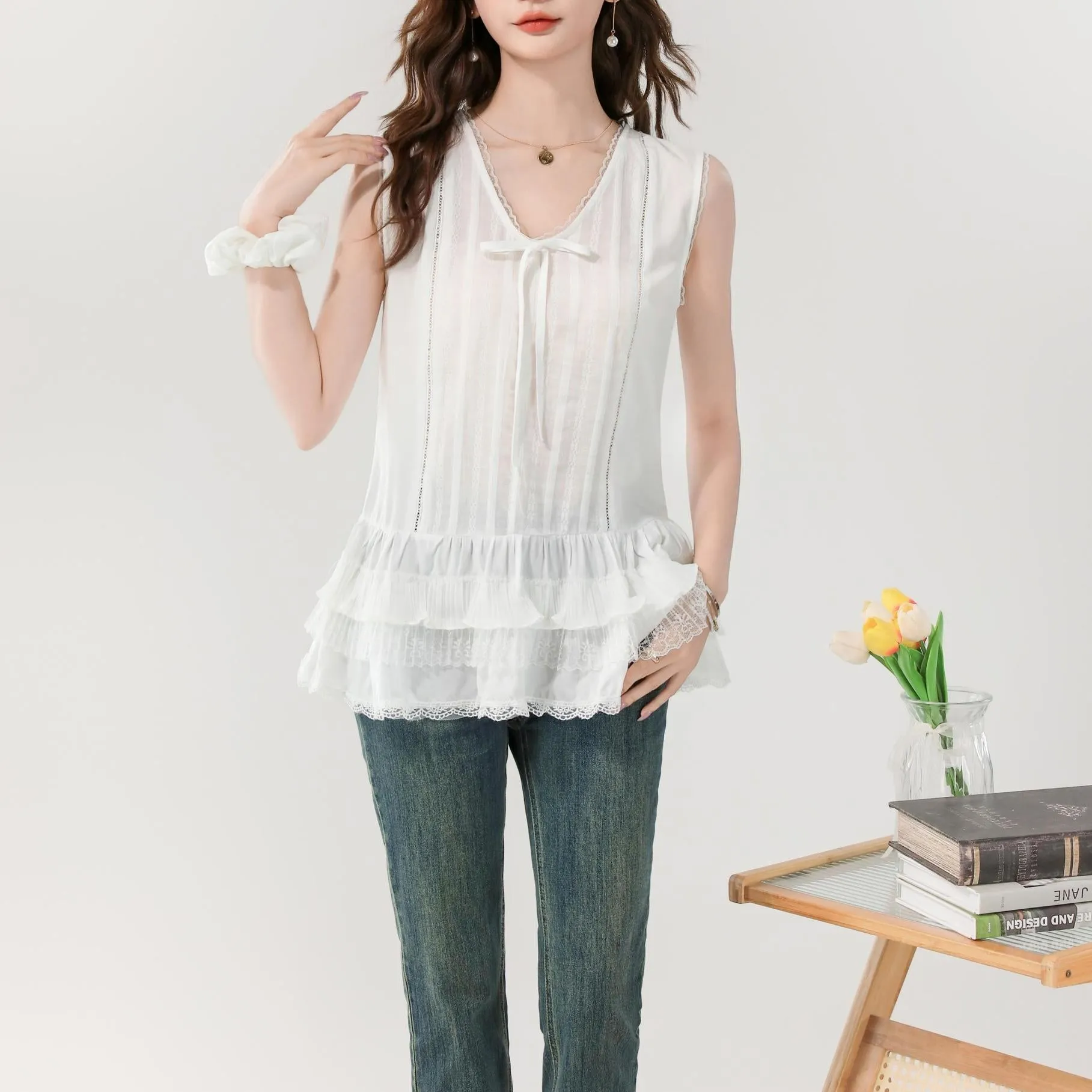 Women's Sheer Blouse Featuring a Chic Ribbon Neckline