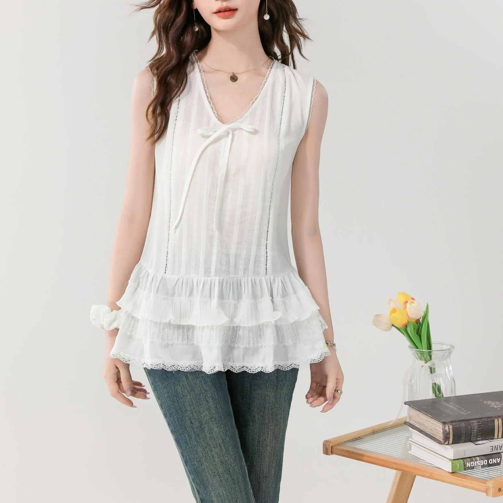 Women's Sheer Blouse Featuring a Chic Ribbon Neckline