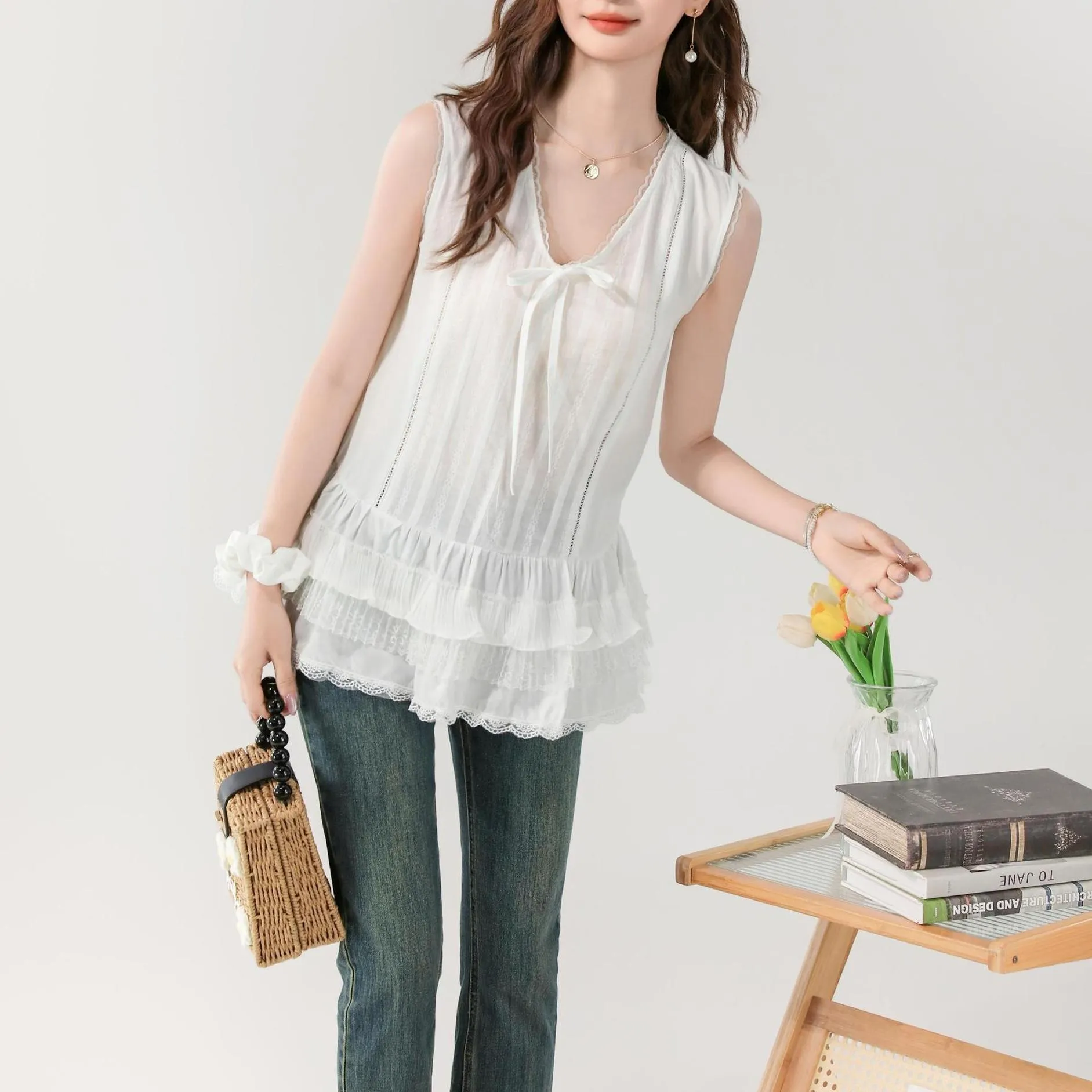 Women's Sheer Blouse Featuring a Chic Ribbon Neckline