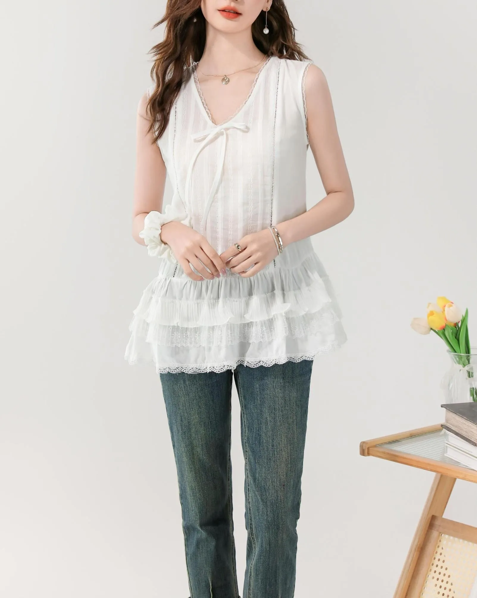 Women's Sheer Blouse Featuring a Chic Ribbon Neckline