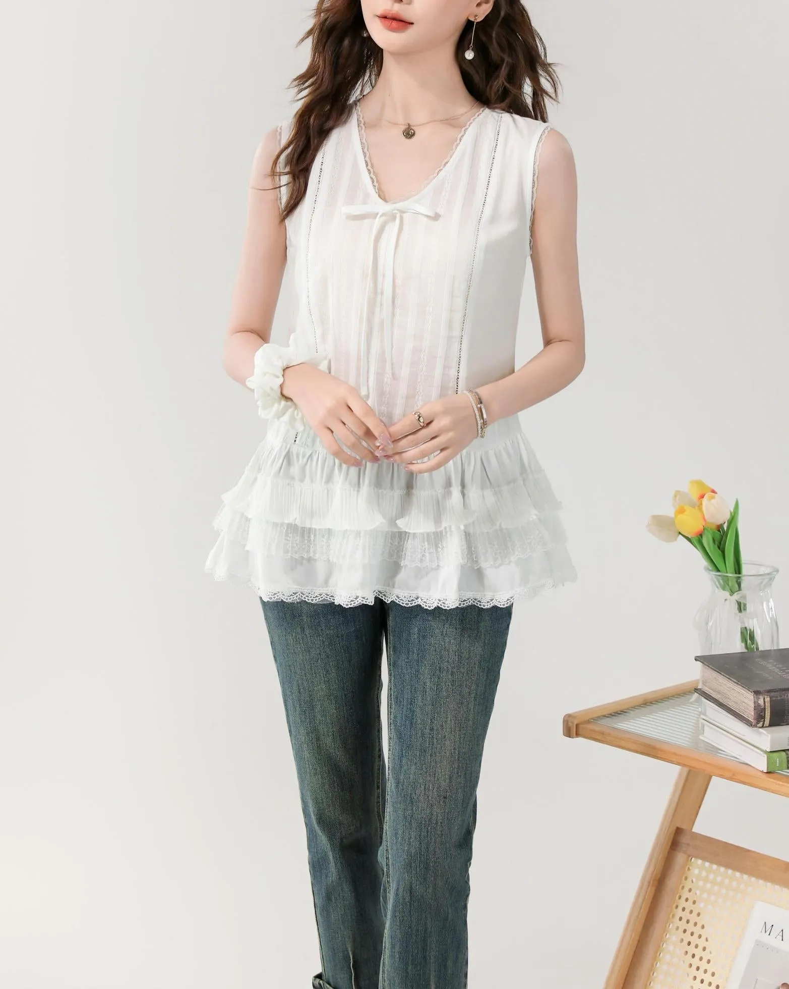Women's Sheer Blouse Featuring a Chic Ribbon Neckline