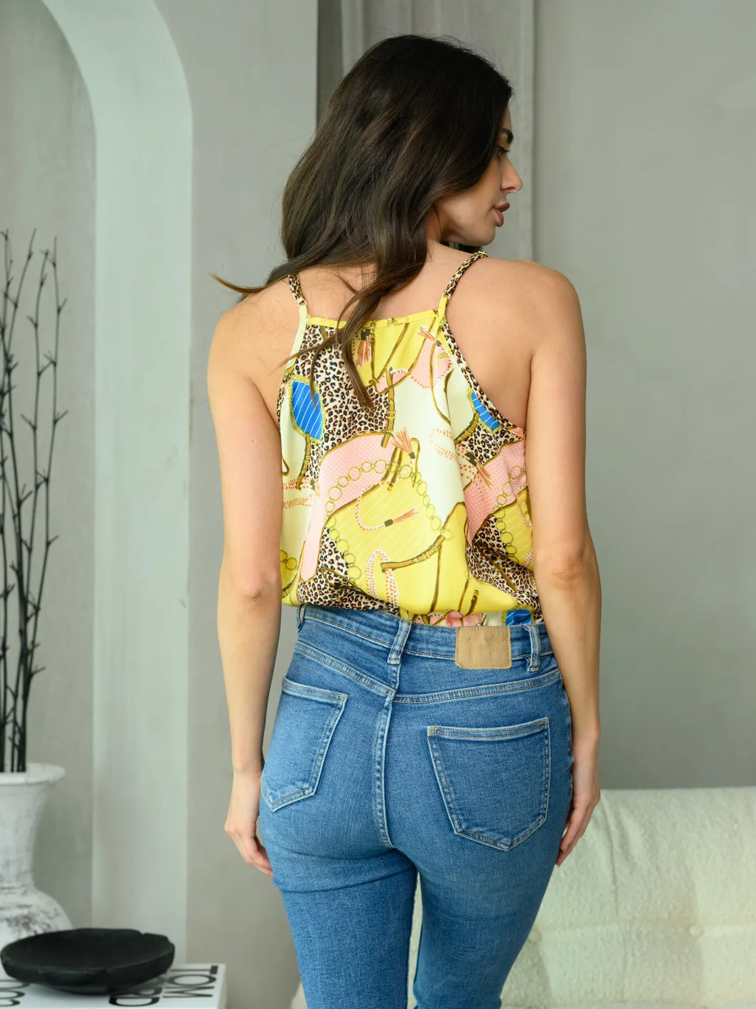 WOMEN'S SLEEVELESS MULTI PRINT SURPLICE BODYSUIT