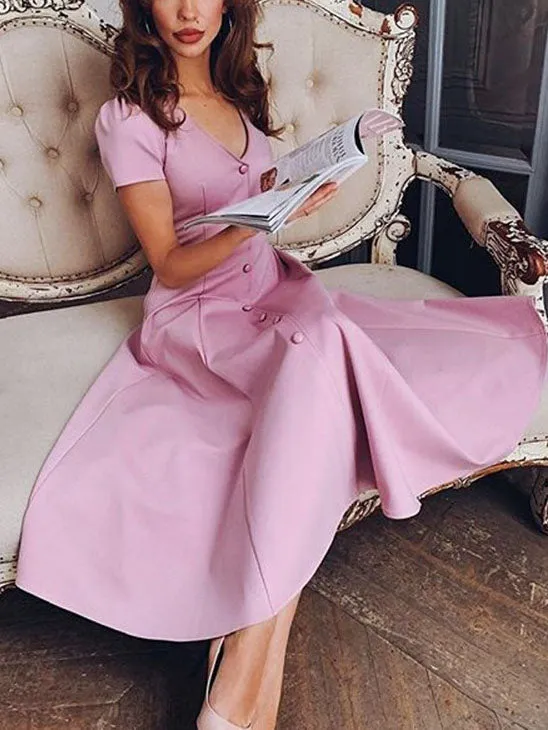 Women's V-neck Short-sleeved Solid Color Dress Single-breasted Sweet Court Princess Dress