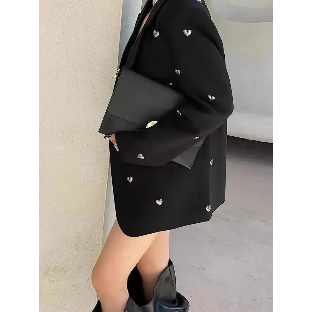 Y2K Heart Embellished Black Blazer Jacket for Bold Fashion Statements