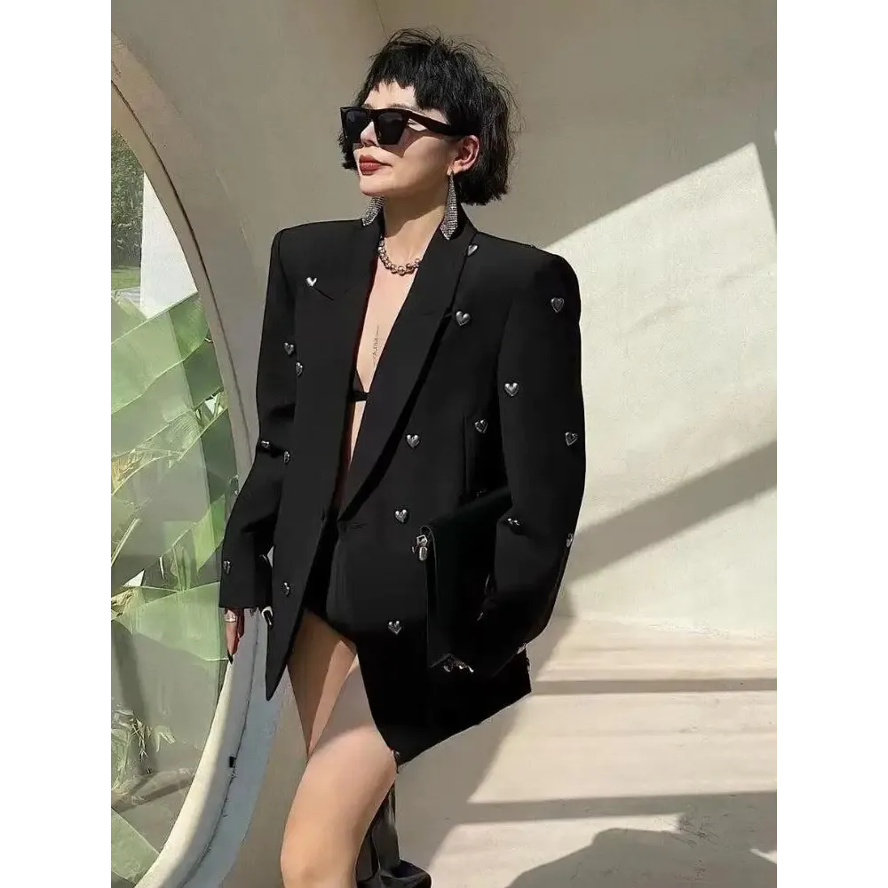 Y2K Heart Embellished Black Blazer Jacket for Bold Fashion Statements