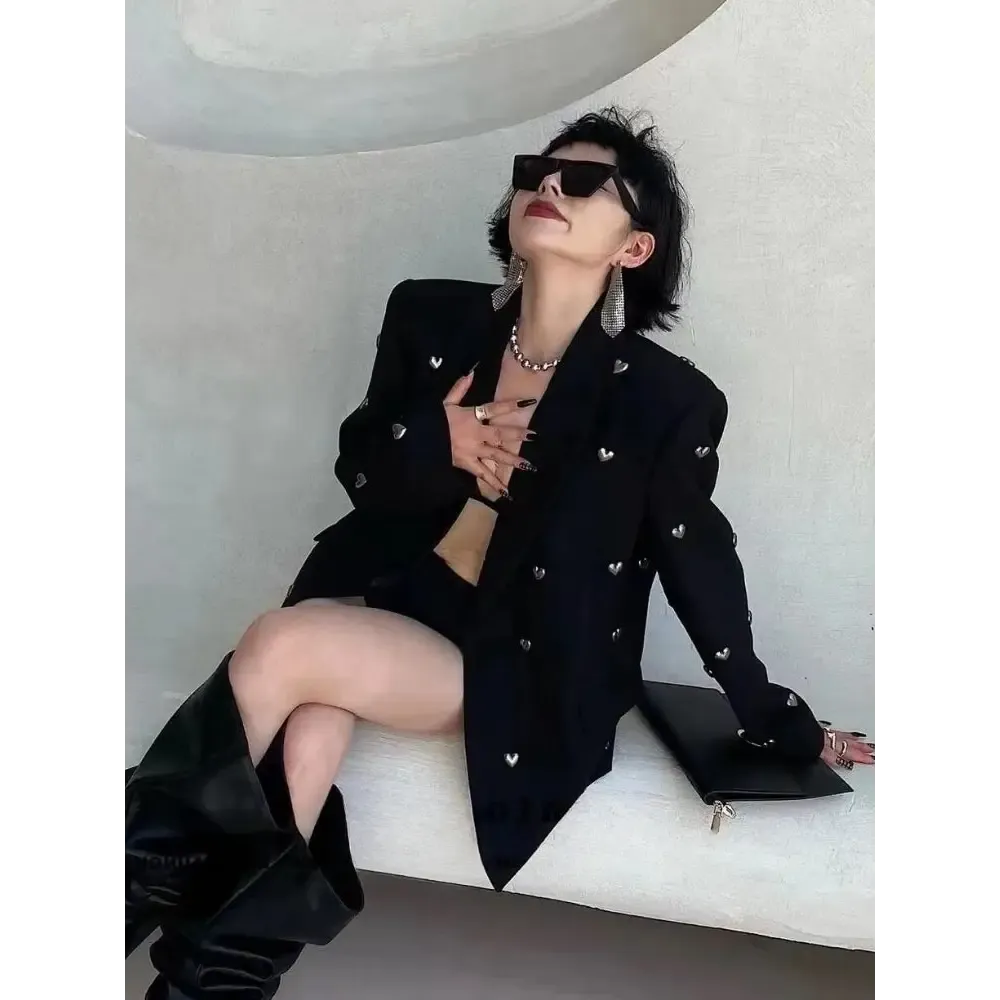 Y2K Heart Embellished Black Blazer Jacket for Bold Fashion Statements