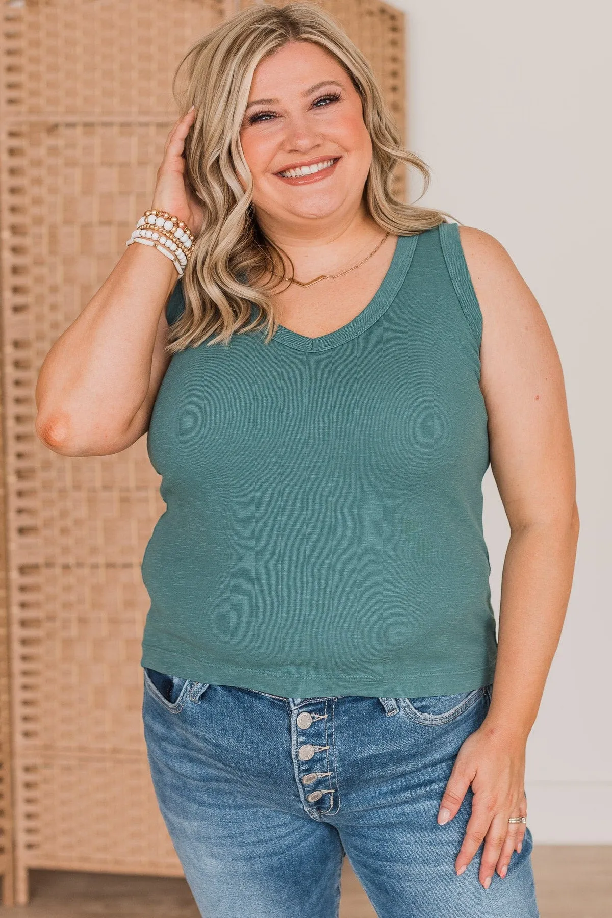 You Belong With Me V-Neck Tank Top- Blue Spruce