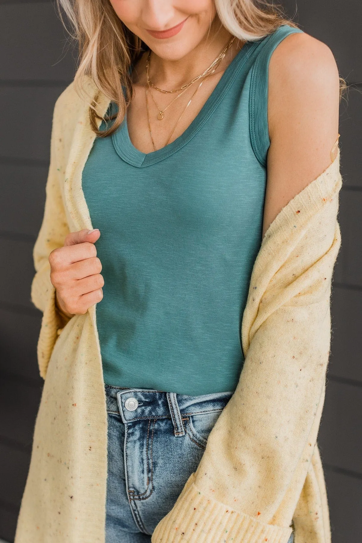 You Belong With Me V-Neck Tank Top- Blue Spruce